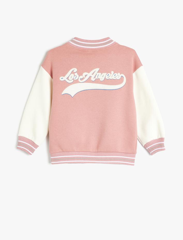 Kız Çocuk İşleme Detaylı Bisiklet Yaka Şardonlu Renk Bloklu Bomber Kolej Ceket