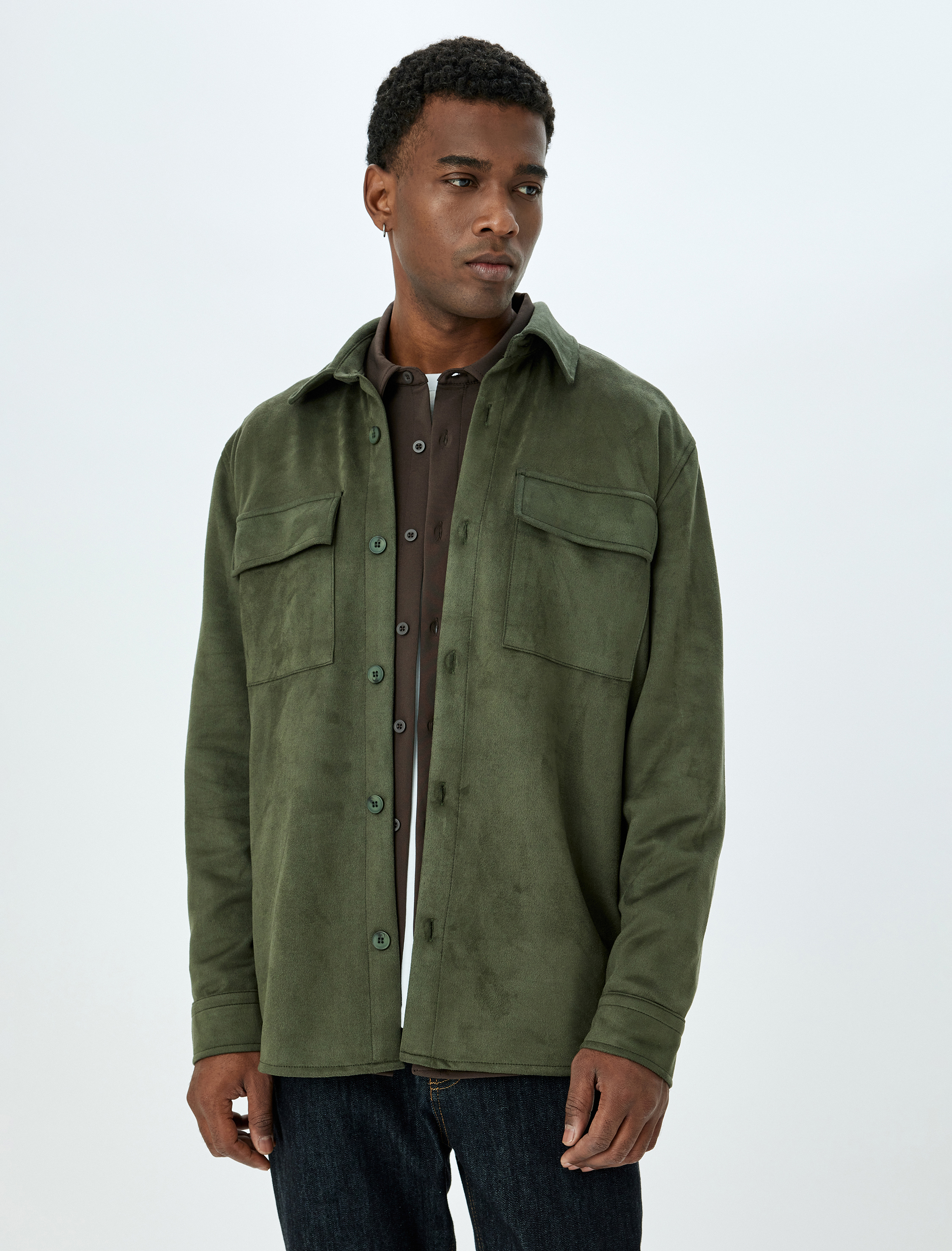   Uzun Kollu Kapaklı Cep Detaylı Regular Fit Düğmeli Suni Süet Gömlek Ceket