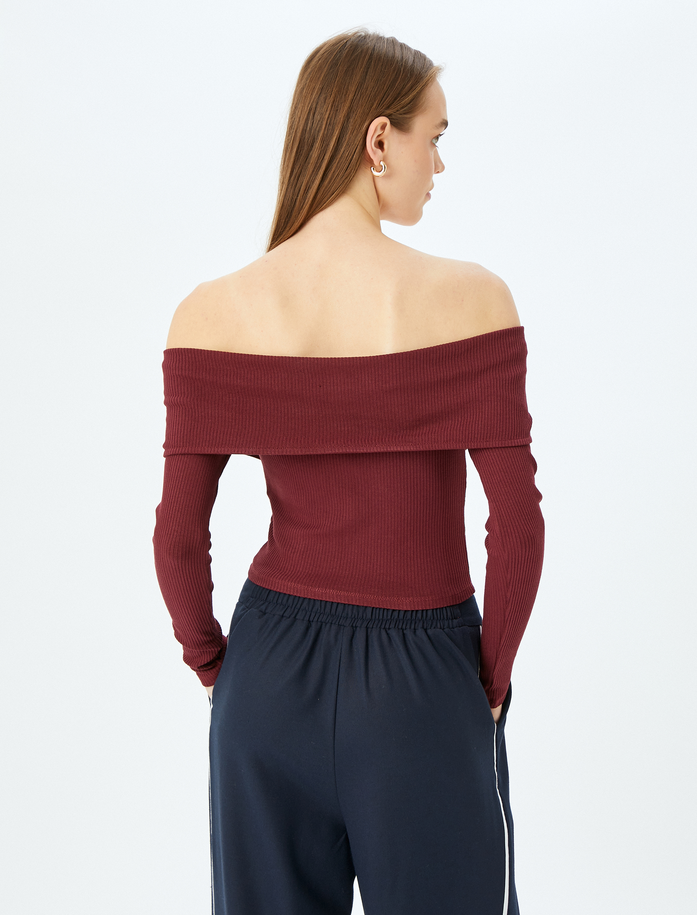   Crop Tişört Uzun Kollu Fermuarlı Omzu Açık Slim Fit