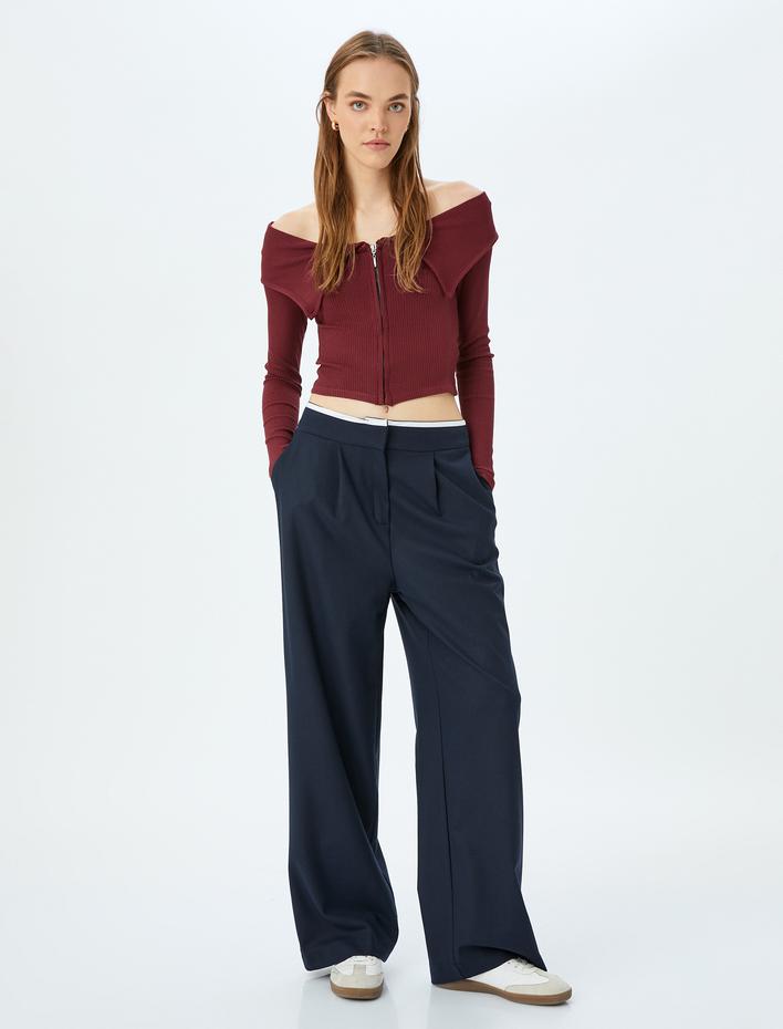  Crop Tişört Uzun Kollu Fermuarlı Omzu Açık Slim Fit