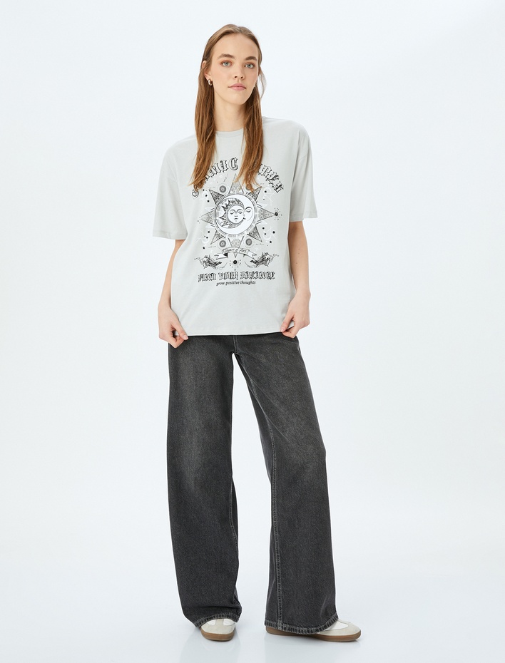  Baskılı Bisiklet Yaka Rahat Kalıp Kısa Kollu Tişört