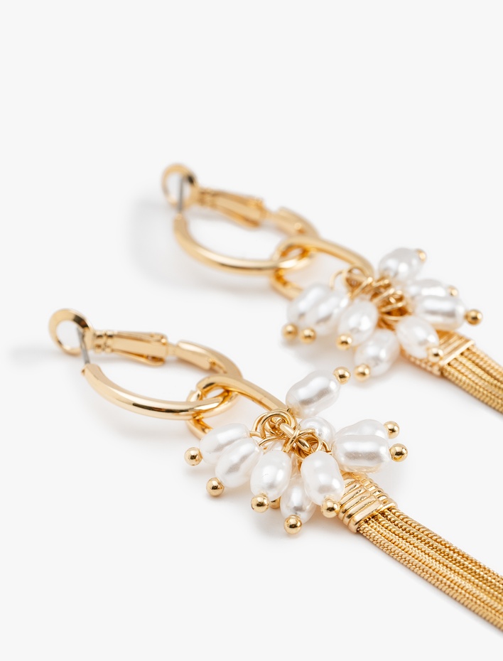 Kadın İnci Detaylı Zincirli Sallantılı Halka Küpe