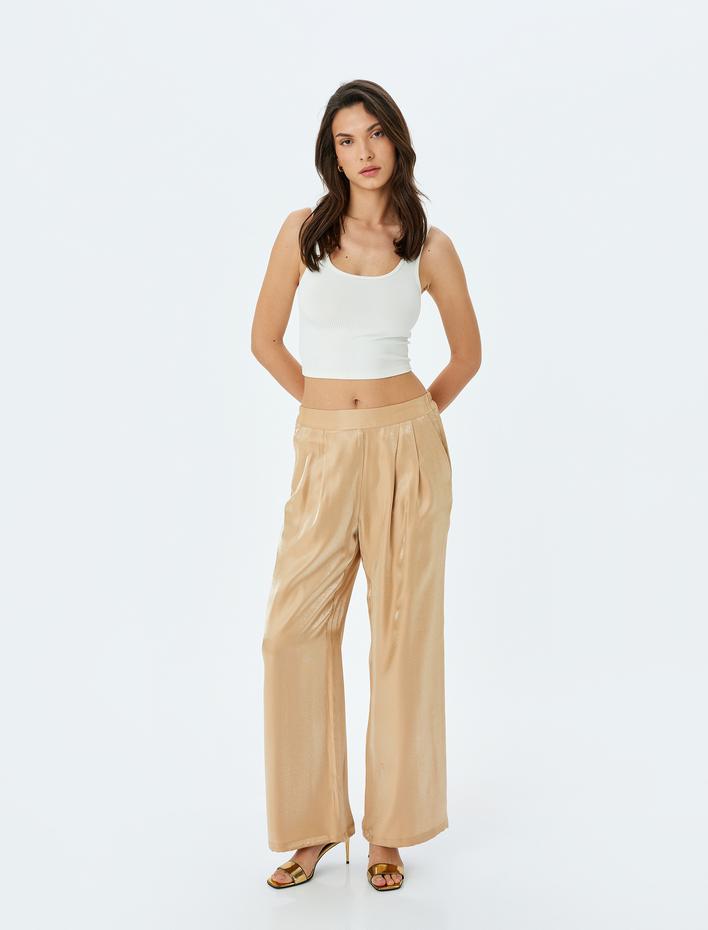  Cepli Pile Detaylı Yüksek Bel Palazzo Saten Pantolon