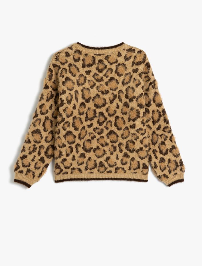 Kız Çocuk Uzun Kollu Bisiklet Yaka Leopar Desenli Triko Kazak