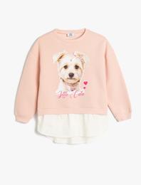 Bisiklet Yaka Uzun Kollu Köpek Baskılı Şardonlu Sweatshirt