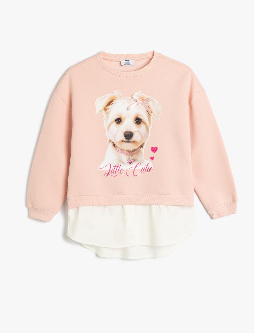  Kız Çocuk Bisiklet Yaka Uzun Kollu Köpek Baskılı Sweatshirt