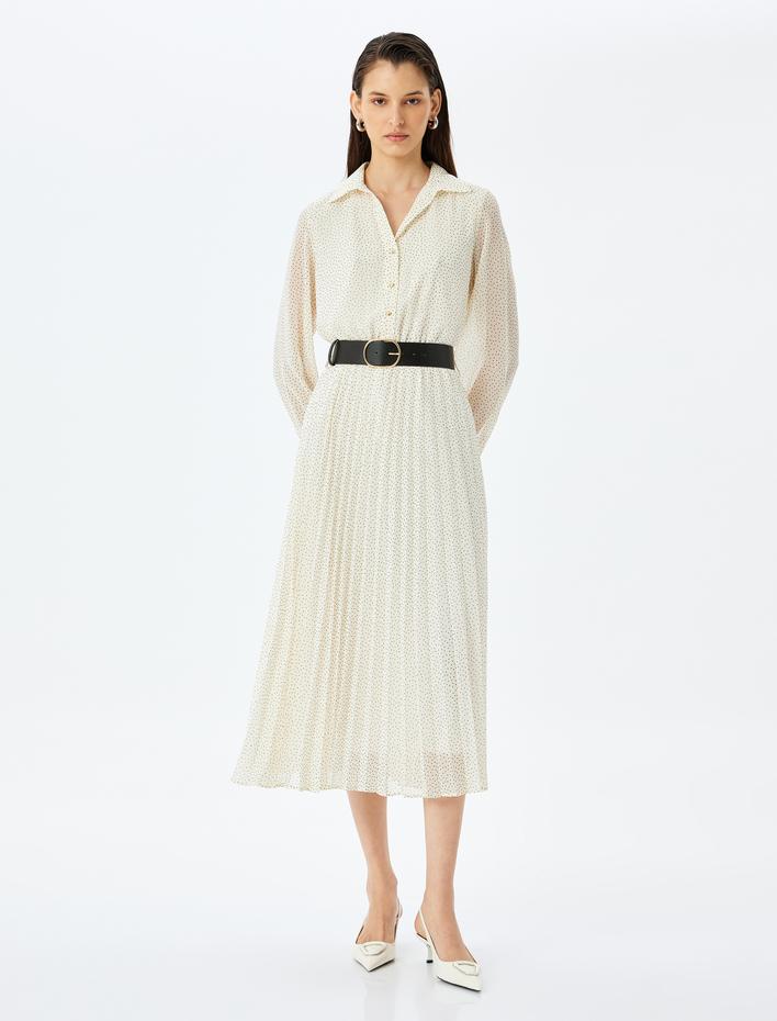  Pileli Uzun Kollu Puantiyeli Midi Gömlek Elbise