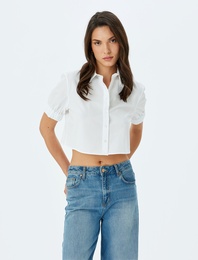 Kısa Kollu Balon Kol Pamuklu Crop Gömlek