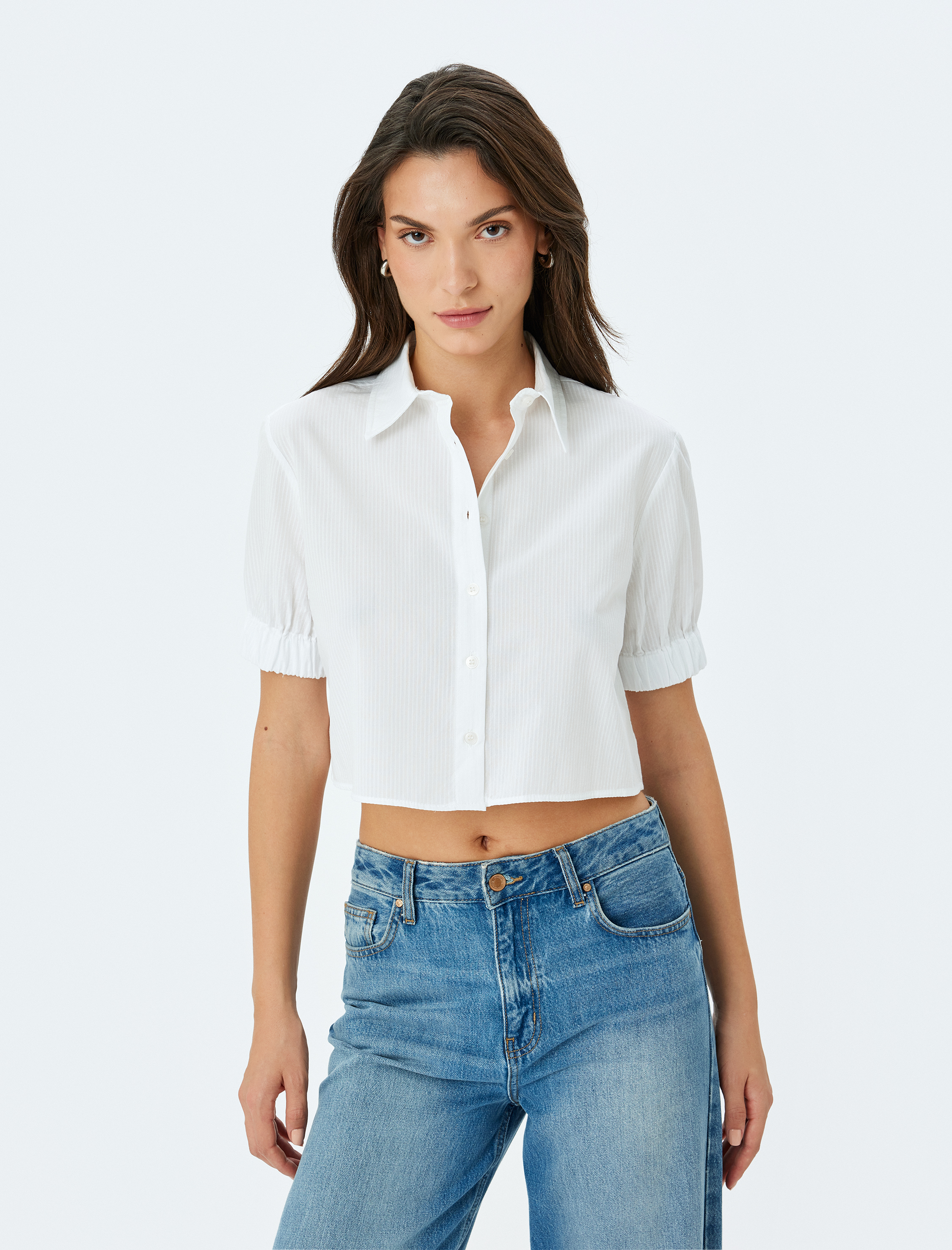   Kısa Kollu Balon Kol Pamuklu Crop Gömlek