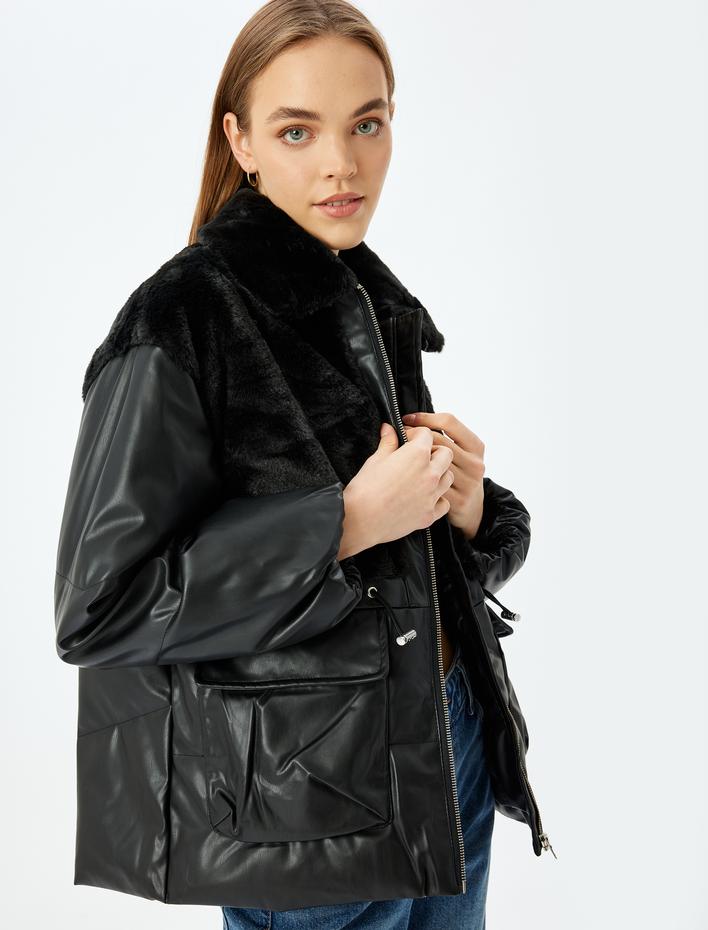  Peluş Detaylı Fermuarlı Cepli Deri Görünümlü Şişme Mont