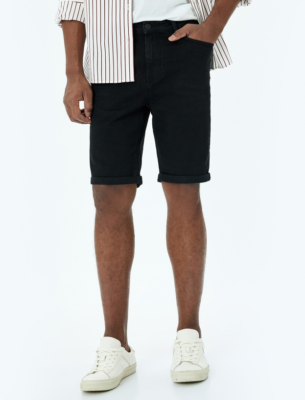 Slim Fit Cep Detaylı Bermuda Kot Şort_2