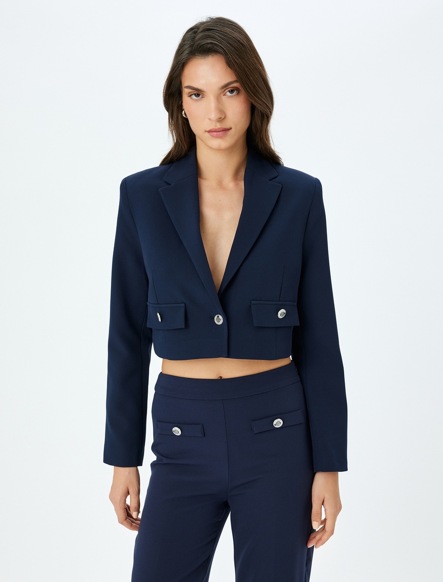   Kruvaze Düğmeli Crop Blazer Ceket