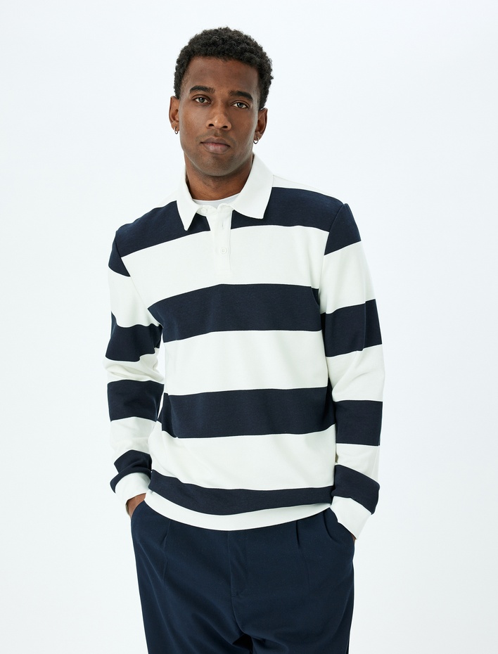  Çizgili Uzun Kollu Pamuk Karışımlı Polo Yaka Sweatshirt