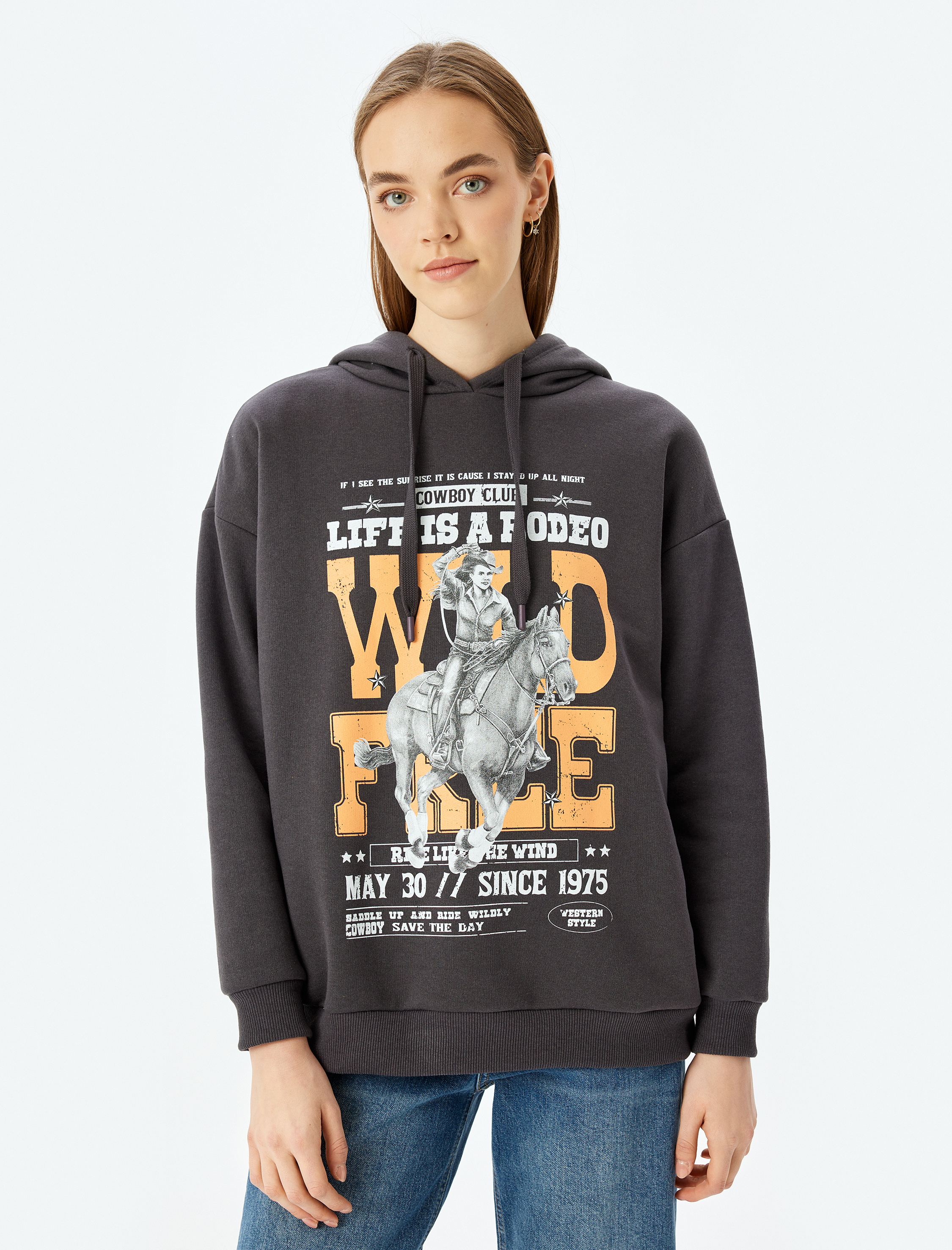   Şardonlu Kapüşonlu Baskılı Rahat Kalıp Sweatshirt