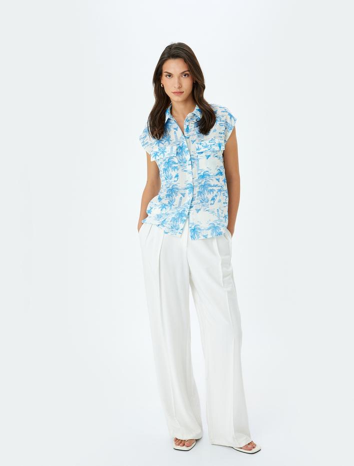  Klasik Yaka Çift Cepli Kolsuz Baskılı Gömlek