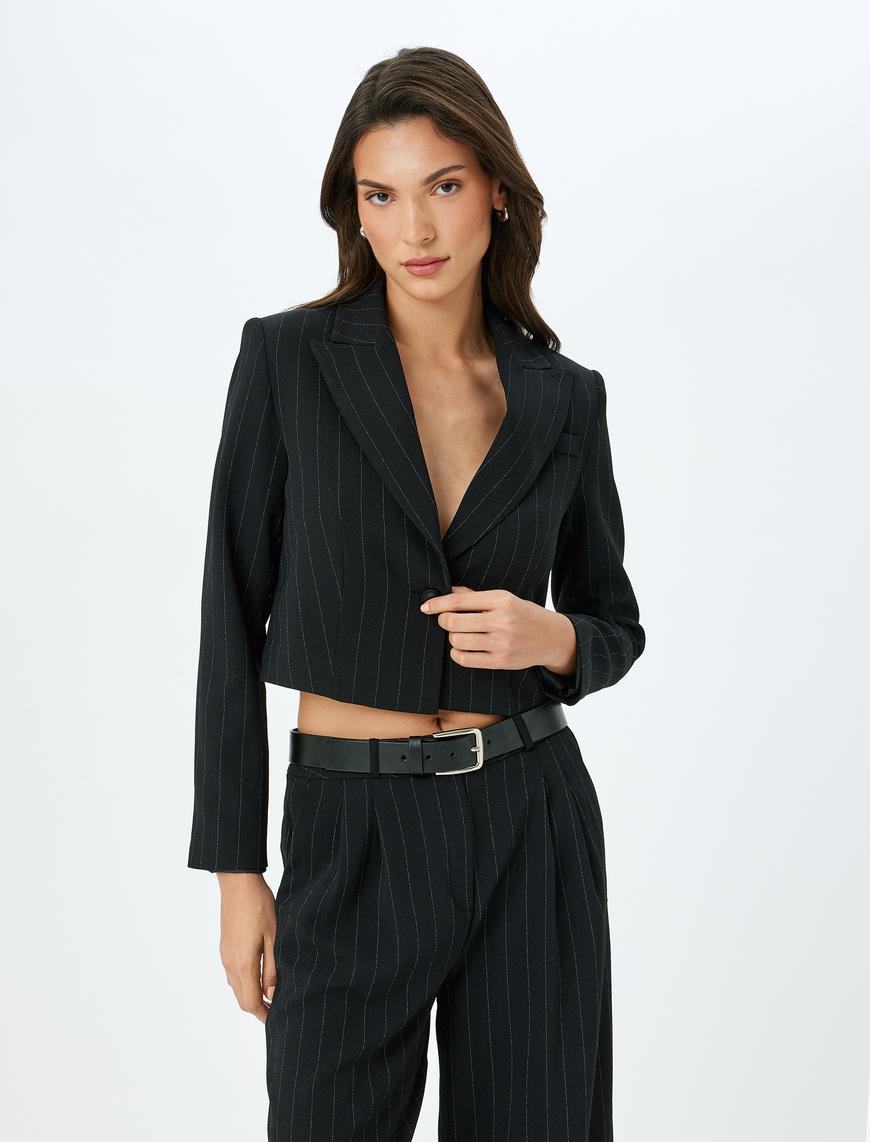   Kruvaze Çizgili Crop Blazer Ceket