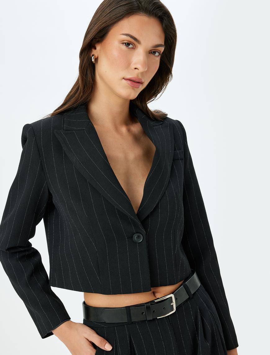   Kruvaze Çizgili Crop Blazer Ceket