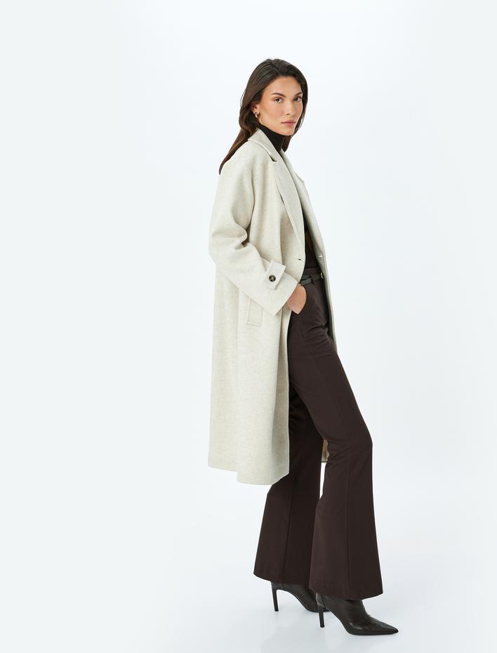  Kruvaze Düğmeli Uzun Oversize Kaşe Kaban