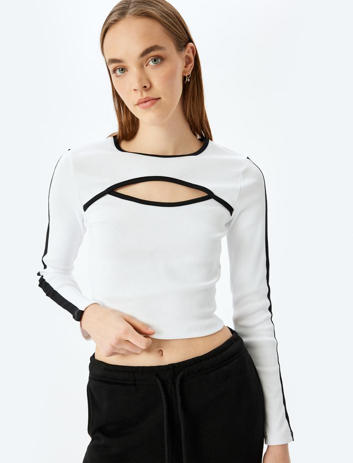  Biyeli Bisiklet Yaka Pencere Detaylı Uzun Kollu Tişört