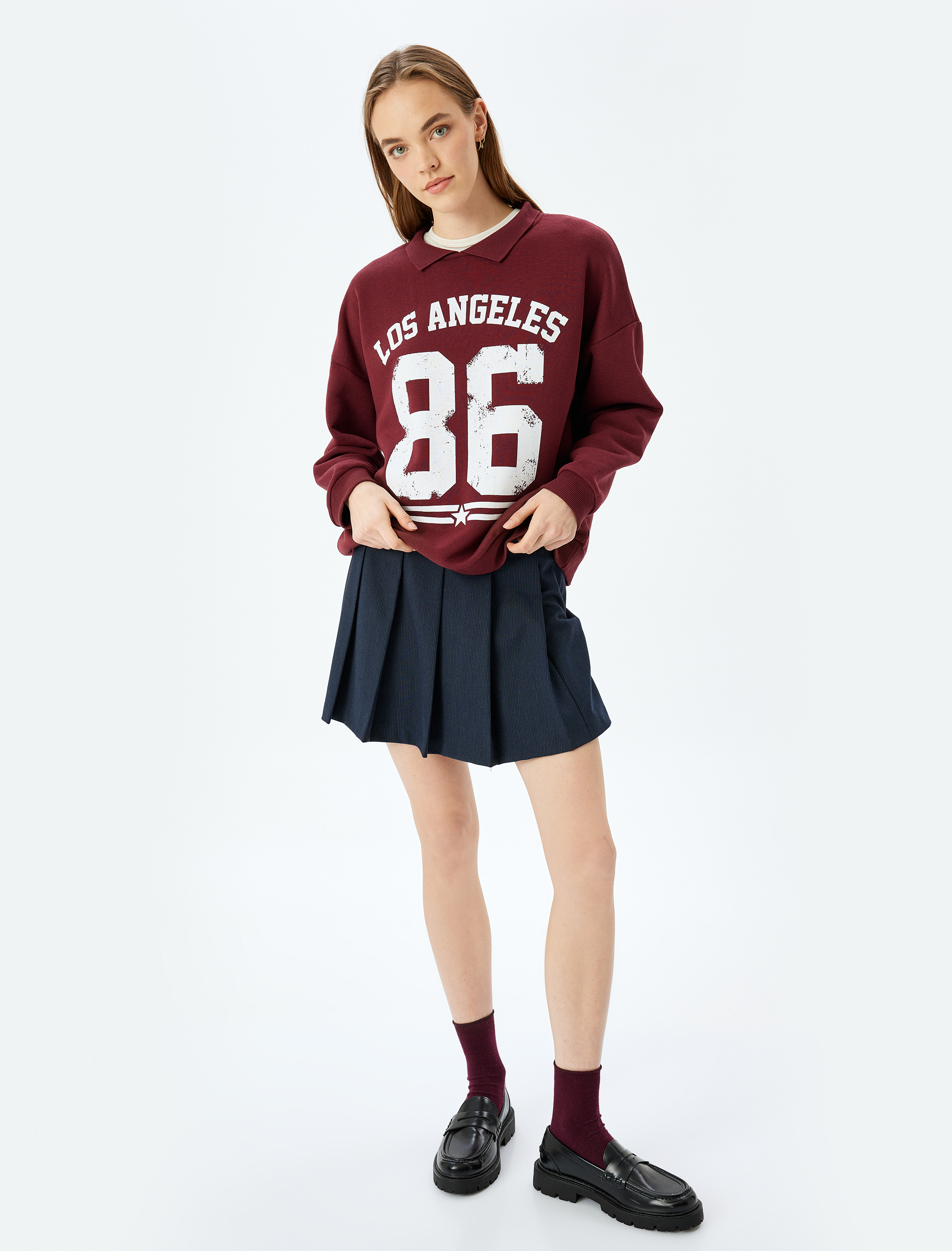   Şardonlu Kolej Baskılı Polo Yaka Oversize Sweatshirt