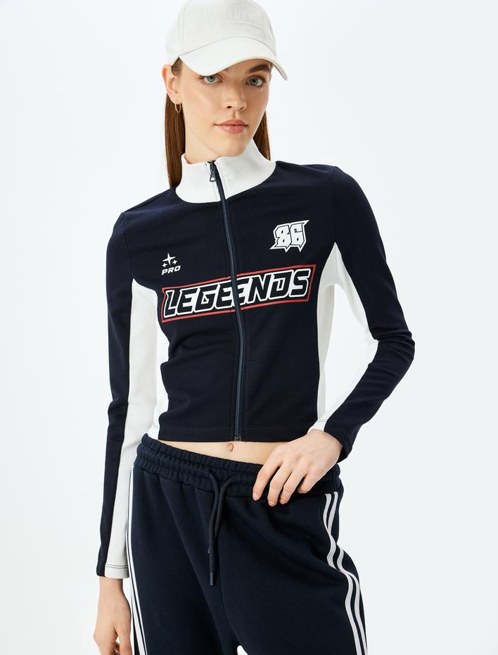  Fermuar Detaylı Baskılı Uzun Kollu Dik Yaka Tişört