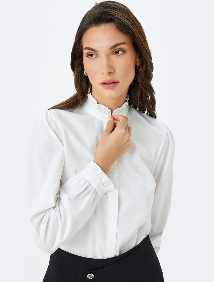  Fırfır Detaylı Dik Yaka Uzun Kollu Pamuklu Gömlek