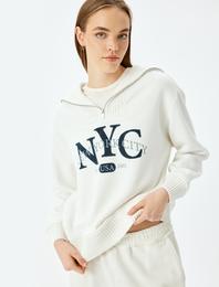 Yarım Fermuarlı Baskılı Oversize Kolej Sweatshirt