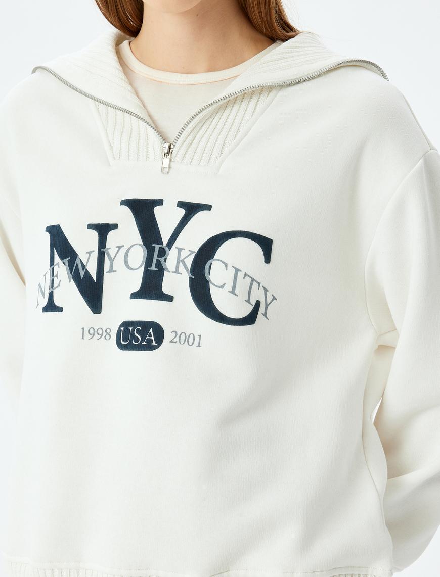   Yarım Fermuarlı Baskılı Oversize Kolej Sweatshirt