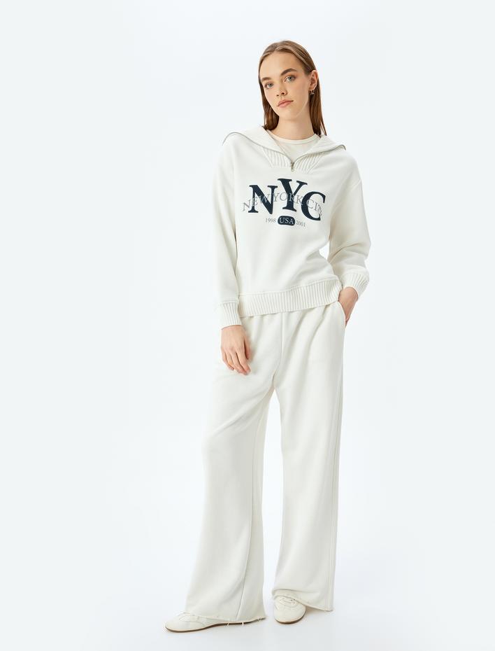  Şardonlu Yarım Fermuarlı Baskılı Oversize Kolej Sweatshirt