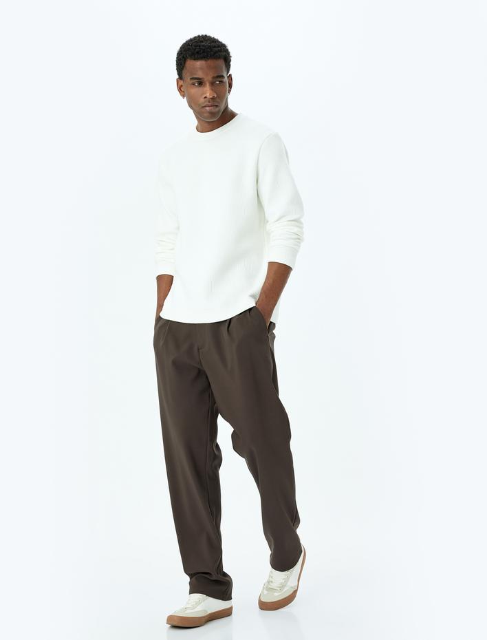  Uzun Kollu Pamuk Karışımlı Dokulu Basic Bisiklet Yaka Sweatshirt