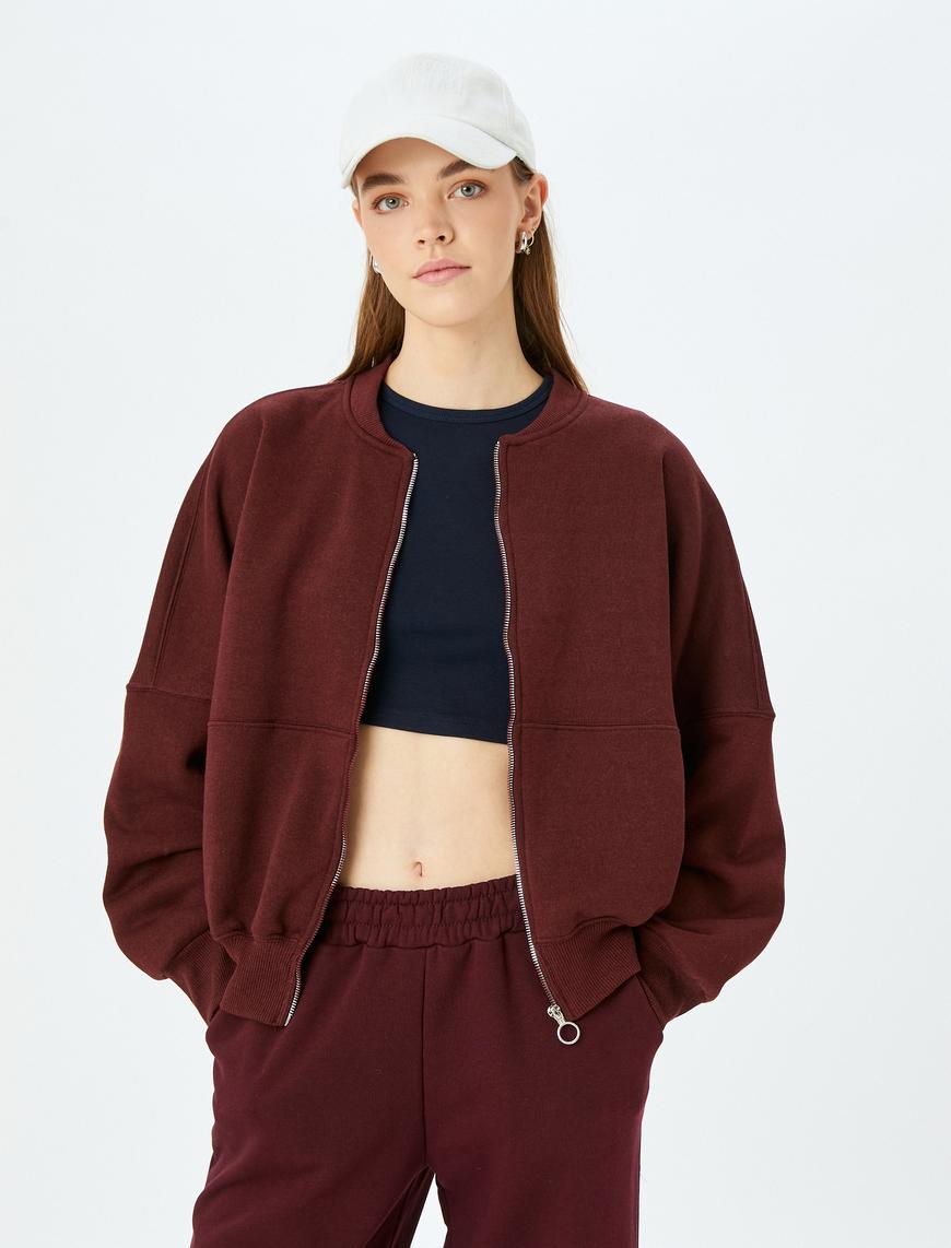   Şardonlu Oversize Fermuarlı Dikiş Detaylı Sweatshirt