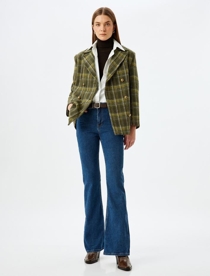  Yüksek Bel İspanyol Paça Düğmeli Slim Fit Cepli Kot Pantolon - Flare Jeans