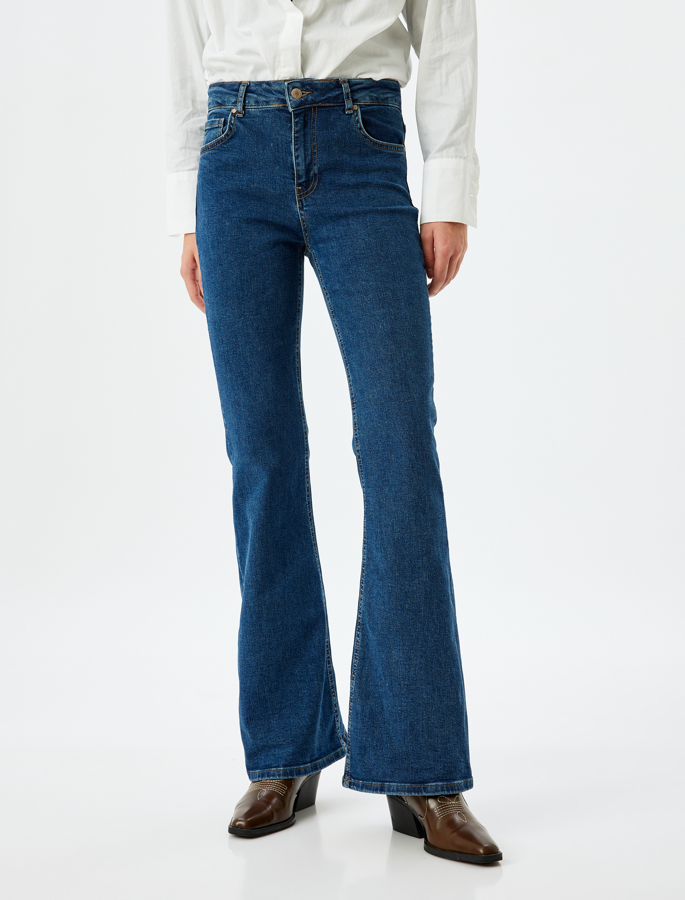   Yüksek Bel İspanyol Paça Düğmeli Slim Fit Cepli Kot Pantolon - Flare Jeans