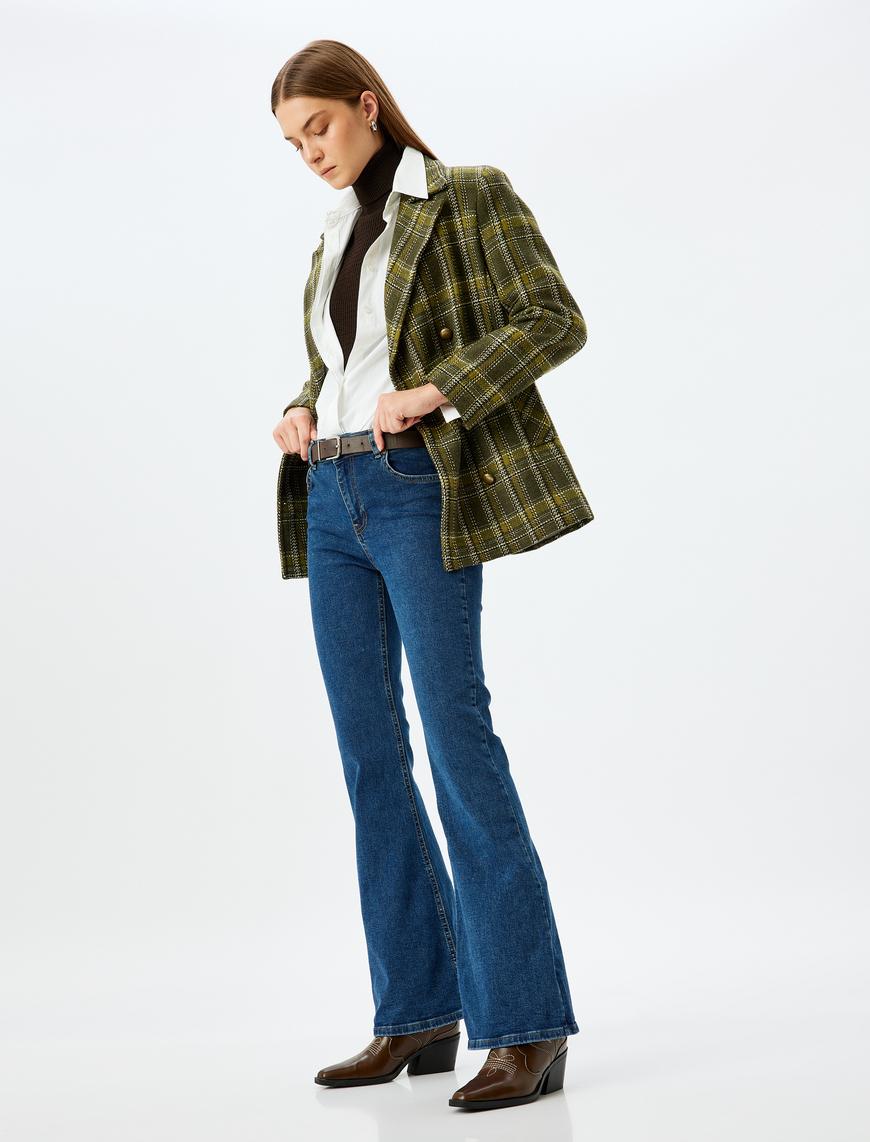   Yüksek Bel İspanyol Paça Düğmeli Slim Fit Cepli Kot Pantolon - Flare Jeans