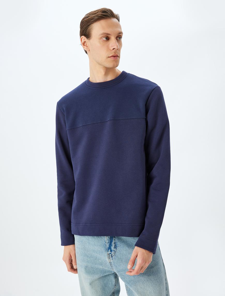   Dikiş Detaylı Şardonlu Pamuklu Basic Bisiklet Yaka Sweatshirt