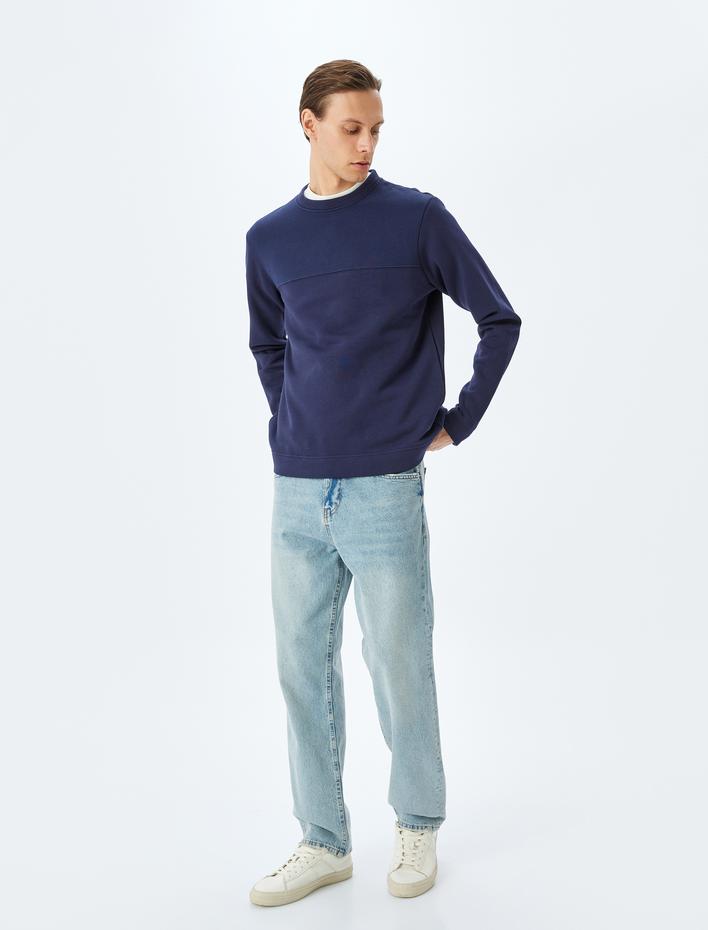  Dikiş Detaylı Şardonlu Pamuklu Basic Bisiklet Yaka Sweatshirt