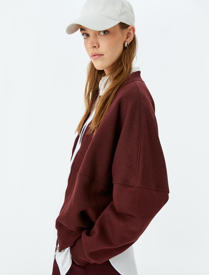  Şardonlu Oversize Fermuarlı Dikiş Detaylı Sweatshirt