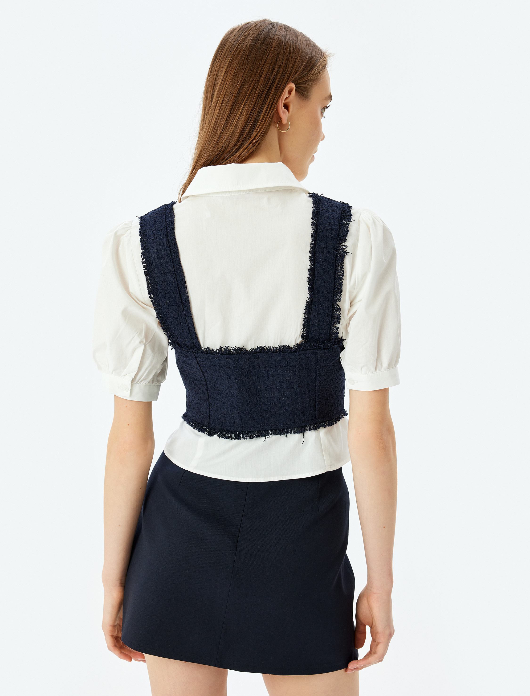   Crop Düğmeli Klasik Yaka Balon Kol Bluz