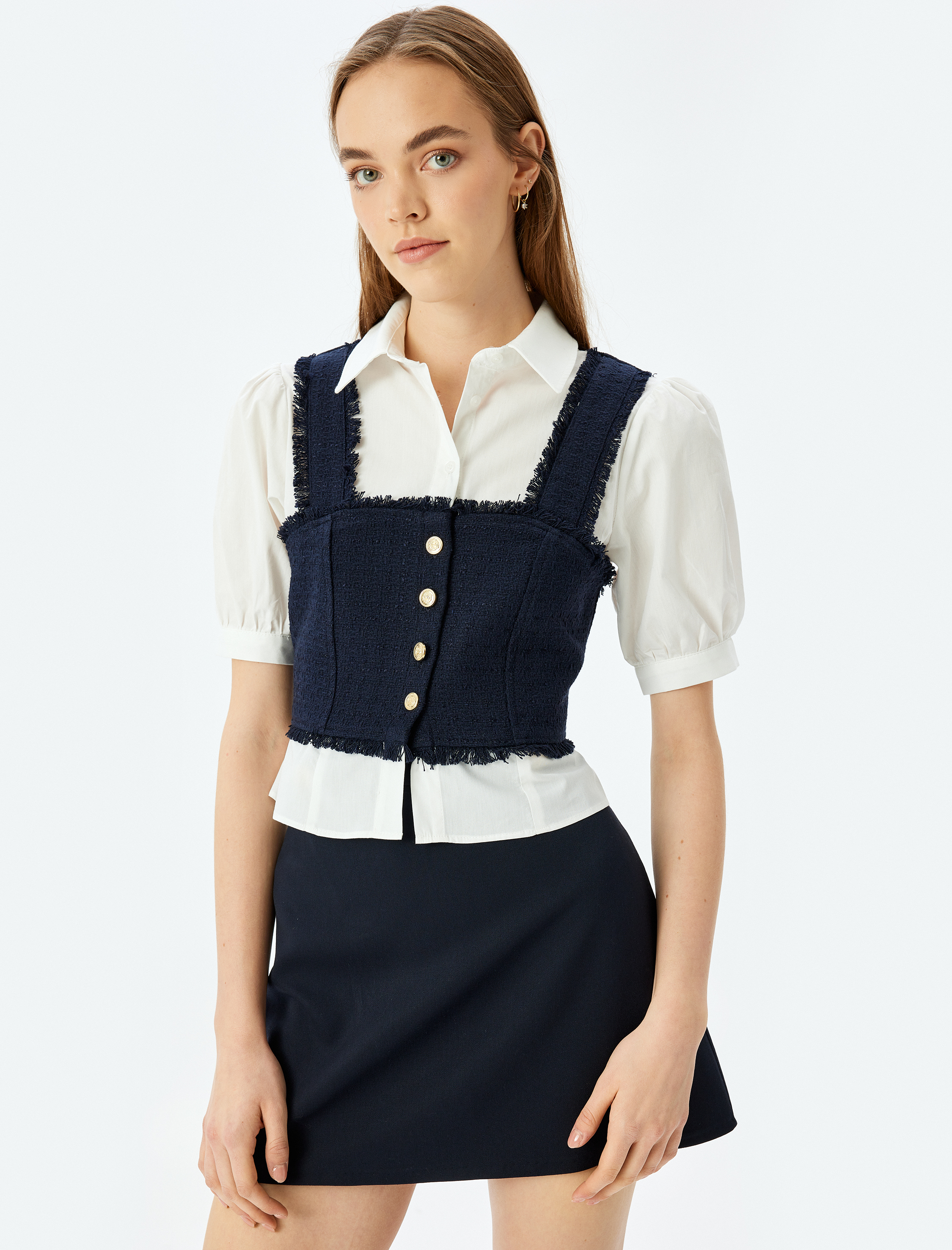   Crop Düğmeli Klasik Yaka Balon Kol Bluz