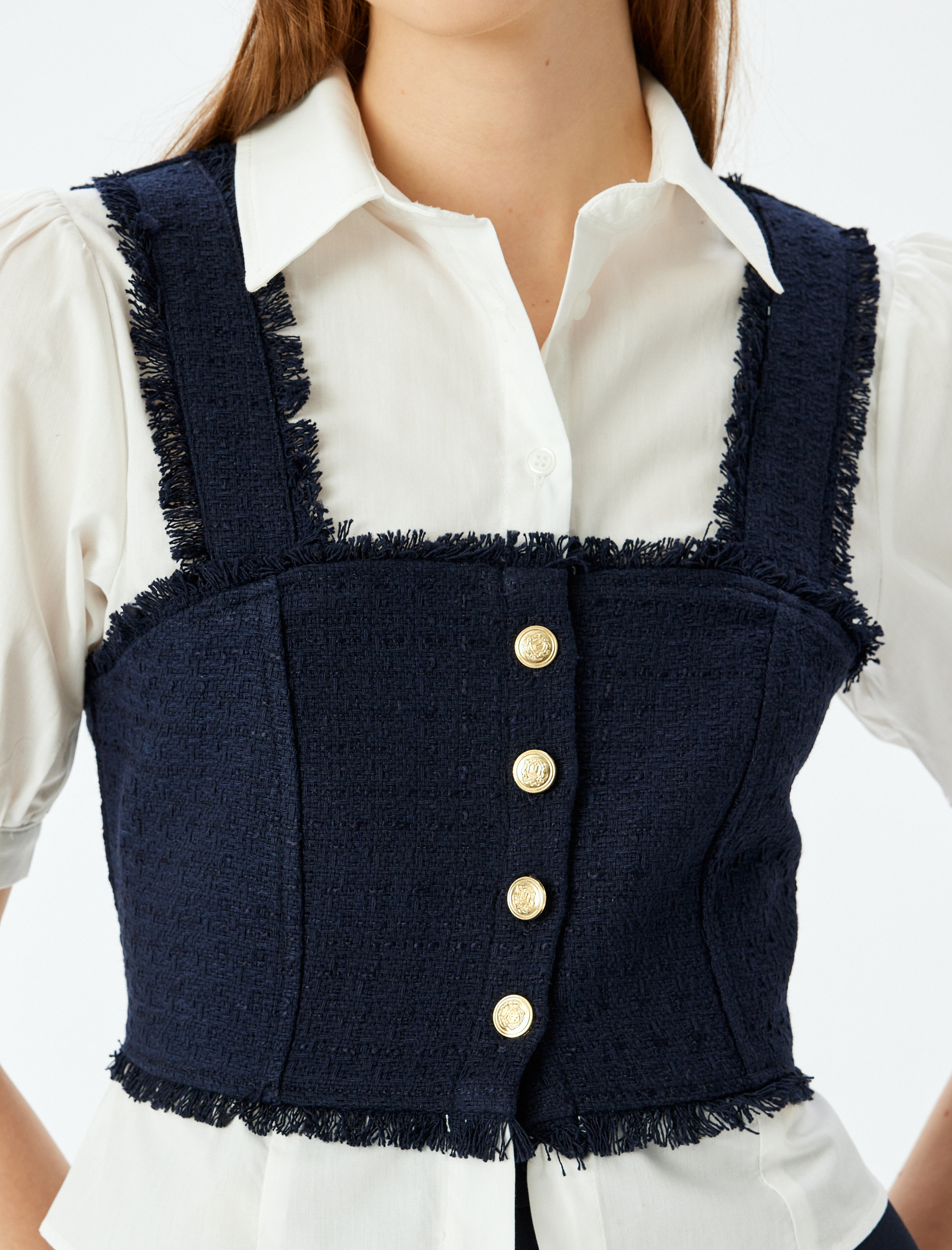   Crop Düğmeli Klasik Yaka Balon Kol Bluz