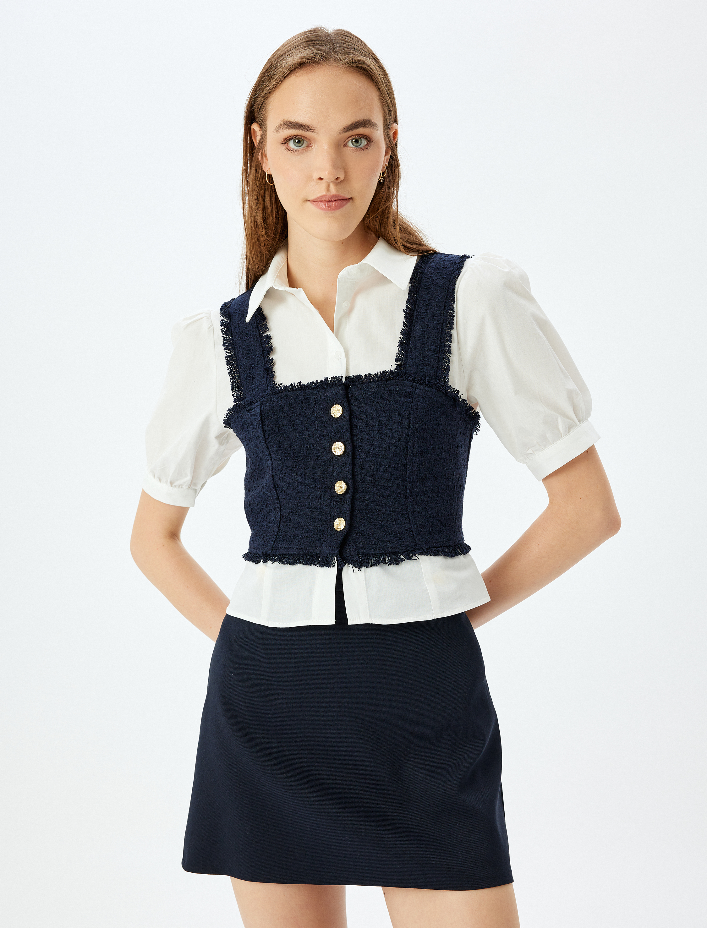   Crop Düğmeli Klasik Yaka Balon Kol Bluz