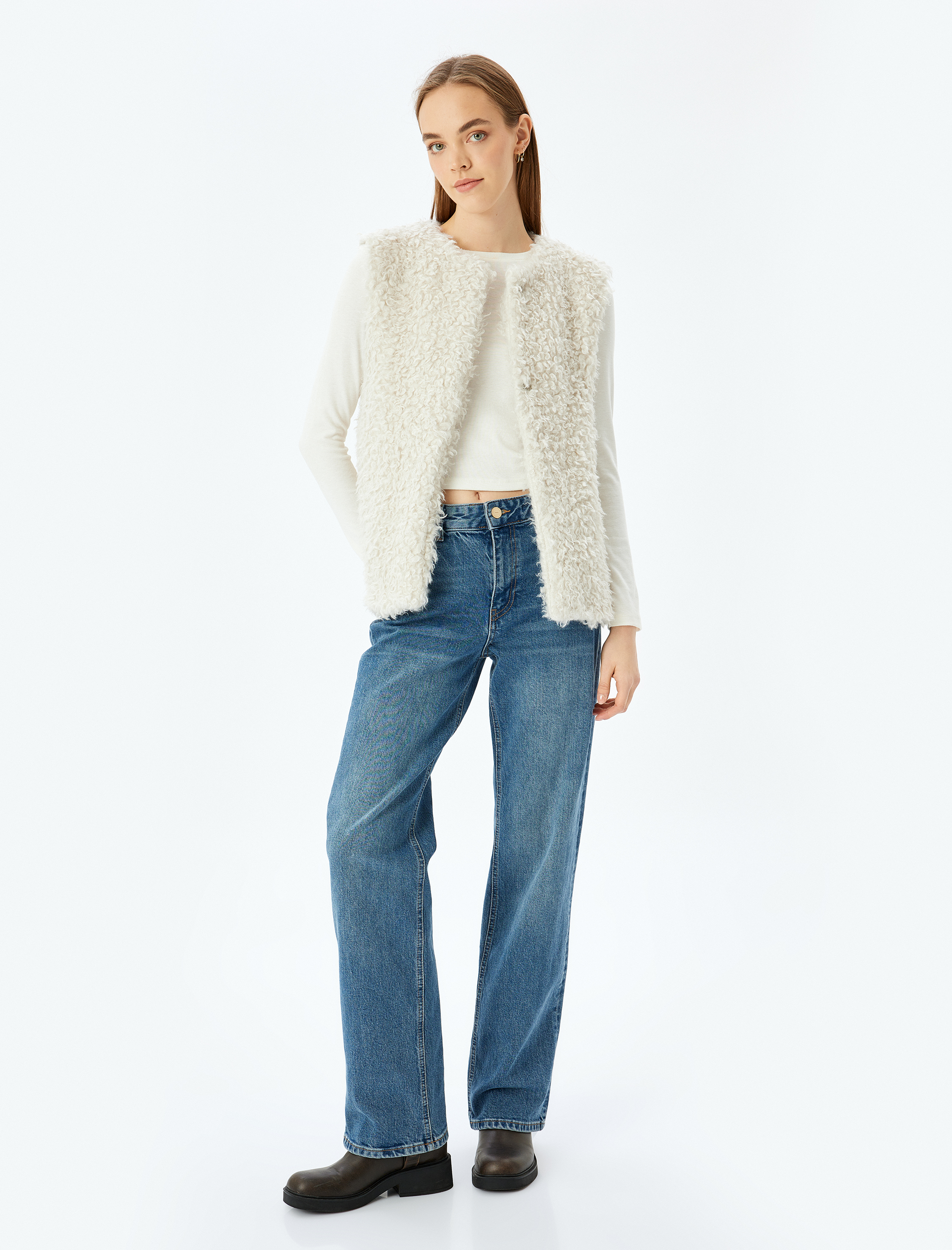   Peluş Kolsuz Bisiklet Yaka Düğmeli Yelek