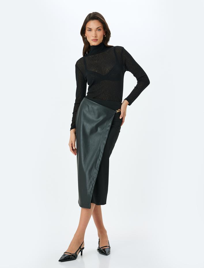  Metal Detaylı Suni Deri Detaylı Kruvaze Midi Etek