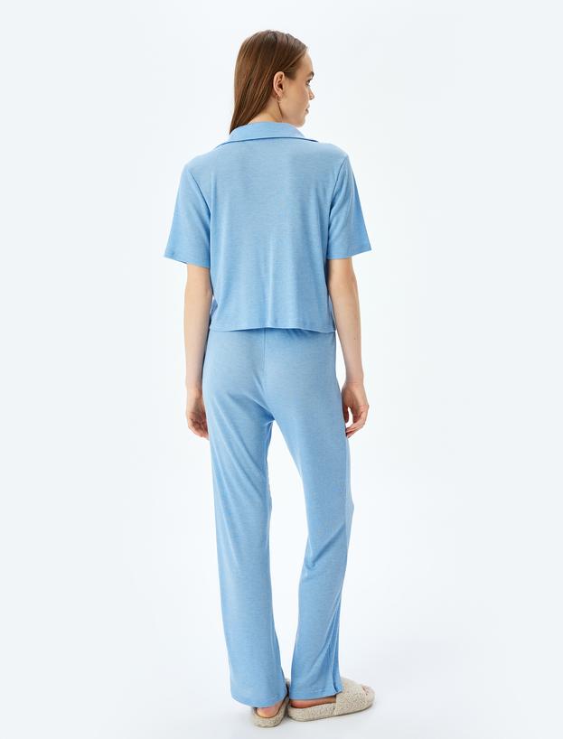 Gömlek Yaka Kısa Kollu Düğmeli Pijama Takımı_3