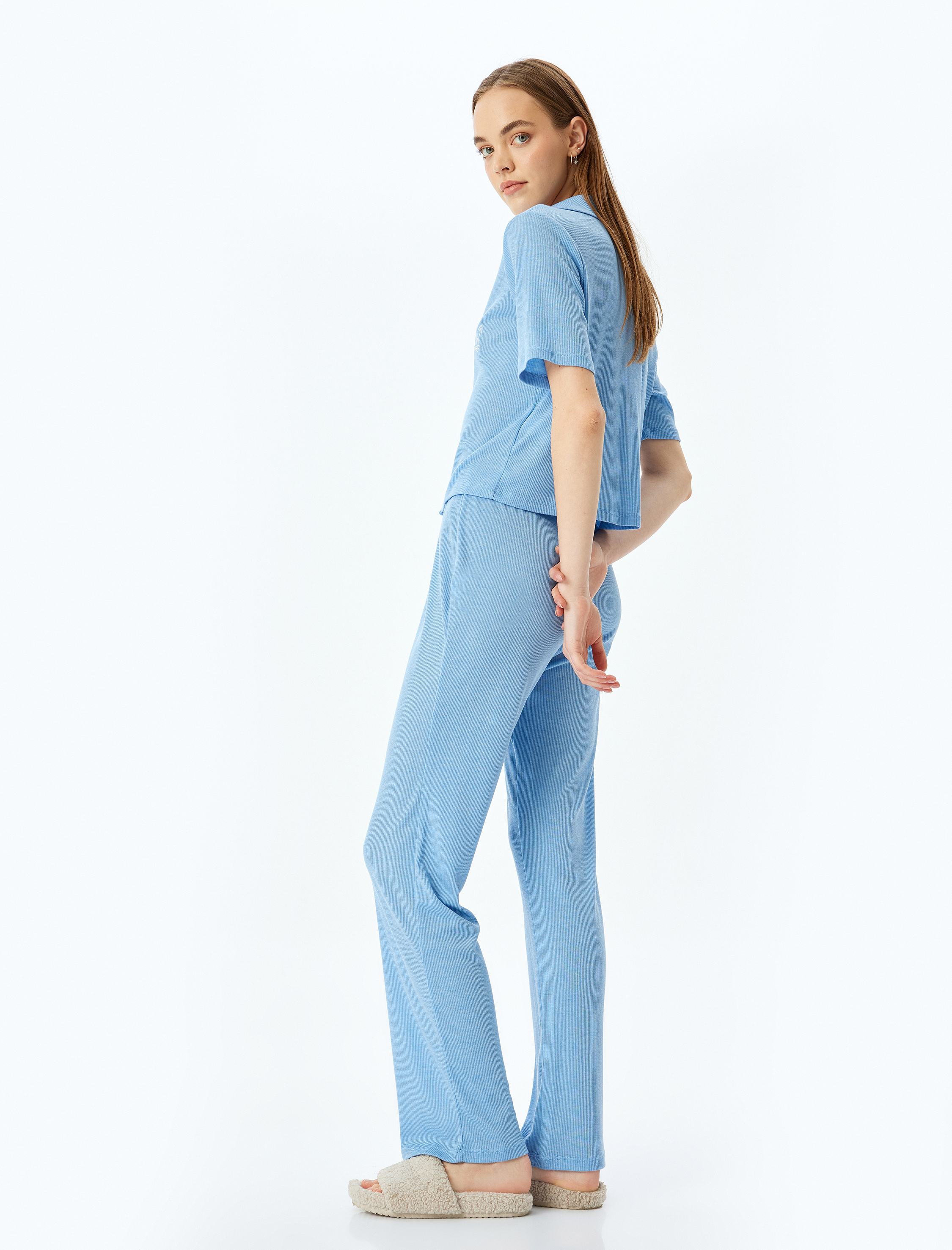 Koton Kadın Gömlek Yaka Kısa Kollu Düğmeli Pijama Takımı -1