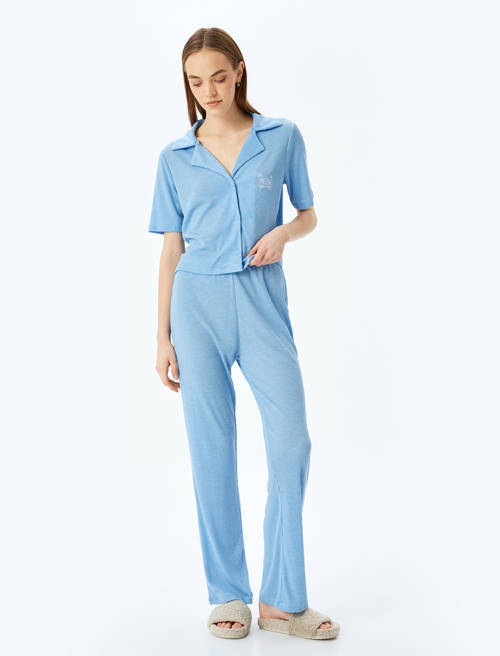  Gömlek Yaka Kısa Kollu Düğmeli Pijama Takımı