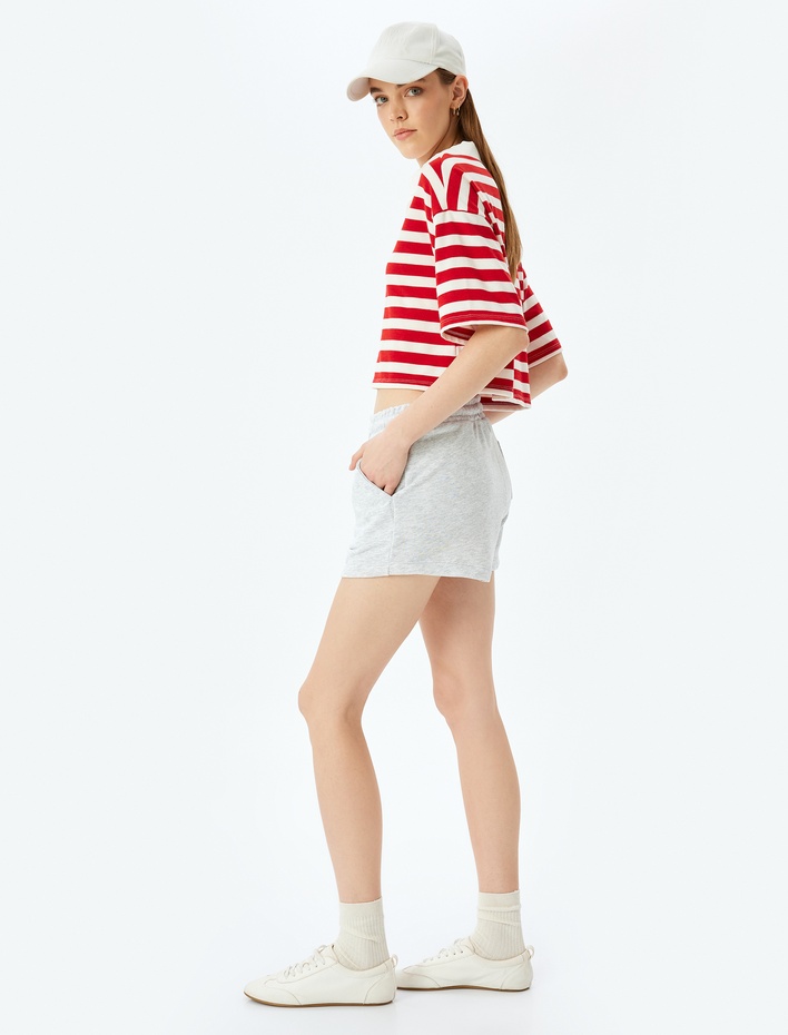  Beli Bağcıklı Cep Detaylı Şardonlu Basic Mini Şort