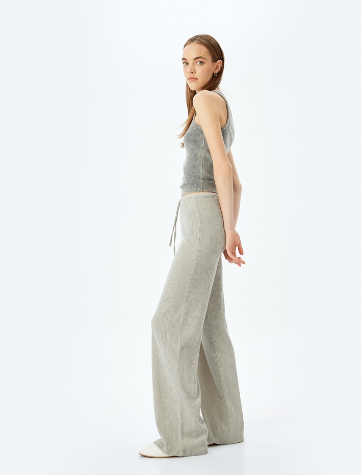  Beli Bağcıklı Rahat Kalıp Geniş Paça Pantolon Bürümcük