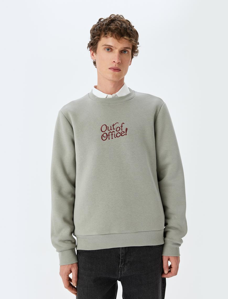   Pamuk Karışımlı Bisiklet Yaka Slogan Baskılı Sweatshirt