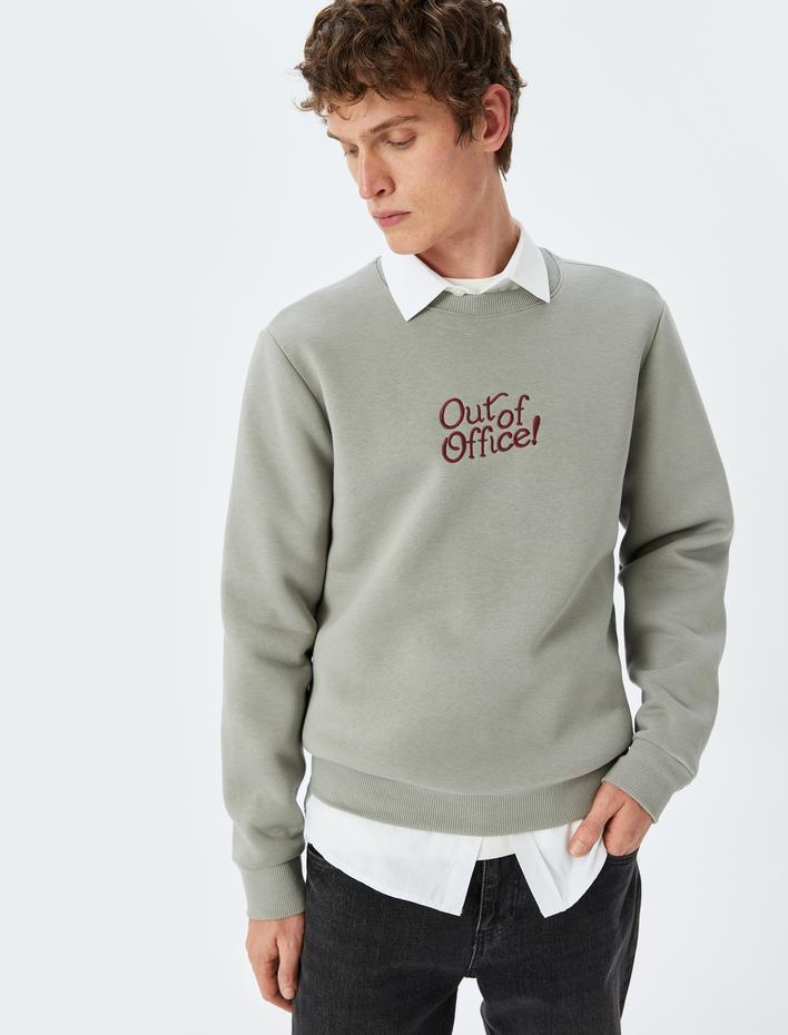  Pamuk Karışımlı Şardonlu Slogan İşlemeli Bisiklet Yaka Sweatshirt